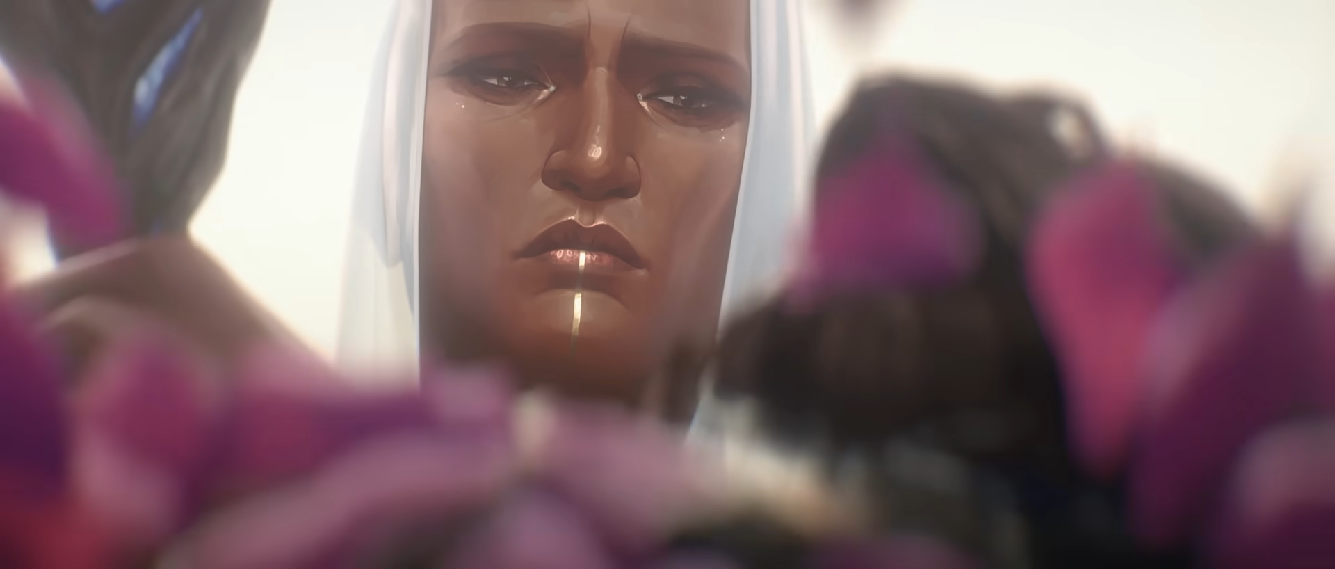 Zaahen witnissing the sacrifice of Xin Zhao in the Twilight's End cinematic League of Legends