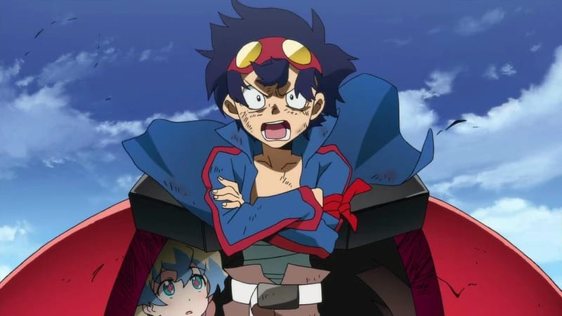 Simon from the anime Gurren Lagann with arms crossed standing inside his mech